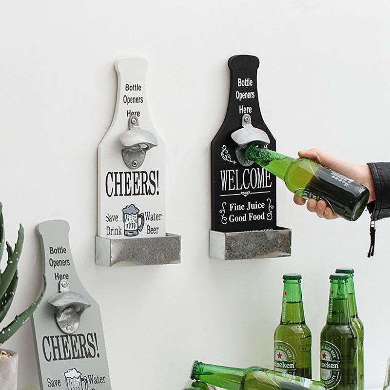 1pc Retro Wooden Bottle Opener Wall Mounted Hanging Beer Openers Bar Tools Alloy Electroplating Process Bar Cafe Wall Decoration