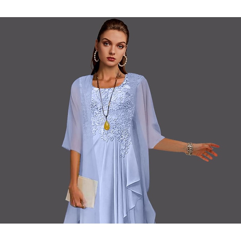 Beach Wedding Two Piece A-Line Mother of the Bride Dress Wedding Guest Elegant Scoop Neck Knee Length Chiffon Lace Sleeveless Jacket Dresses with Pleats Appliques4