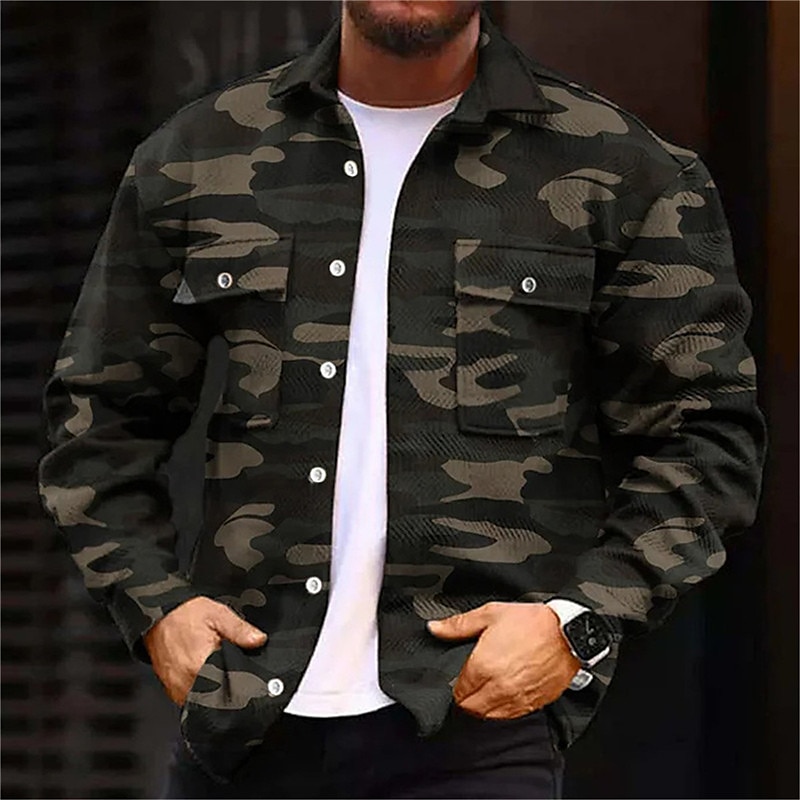 Men's Camouflage Camo / Camouflage Shirt Shirt Jacket Overshirt Long Sleeve Fashion Streetwear Designer Outdoor Casual Daily Fall & Winter Turndown Print Olive Green Army Green Dark Green Green4