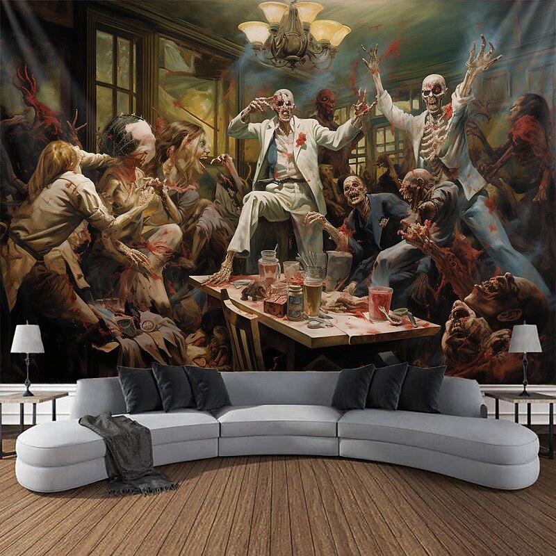 Halloween Party Horror Hanging Tapestry Wall Art Large Tapestry Mural Decor Photograph Backdrop Blanket Curtain Home Bedroom Living Room Decoration Skull Zombie Blood Halloween Decorations3