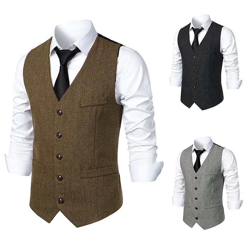 Men's Vest Gilet Daily Wear Vacation Going out Vintage Fashion Spring &  Fall Button Polyester Comfortable Plain Single Breasted V Neck Regular Fit Dark Gray Light Grey Coffee Vest