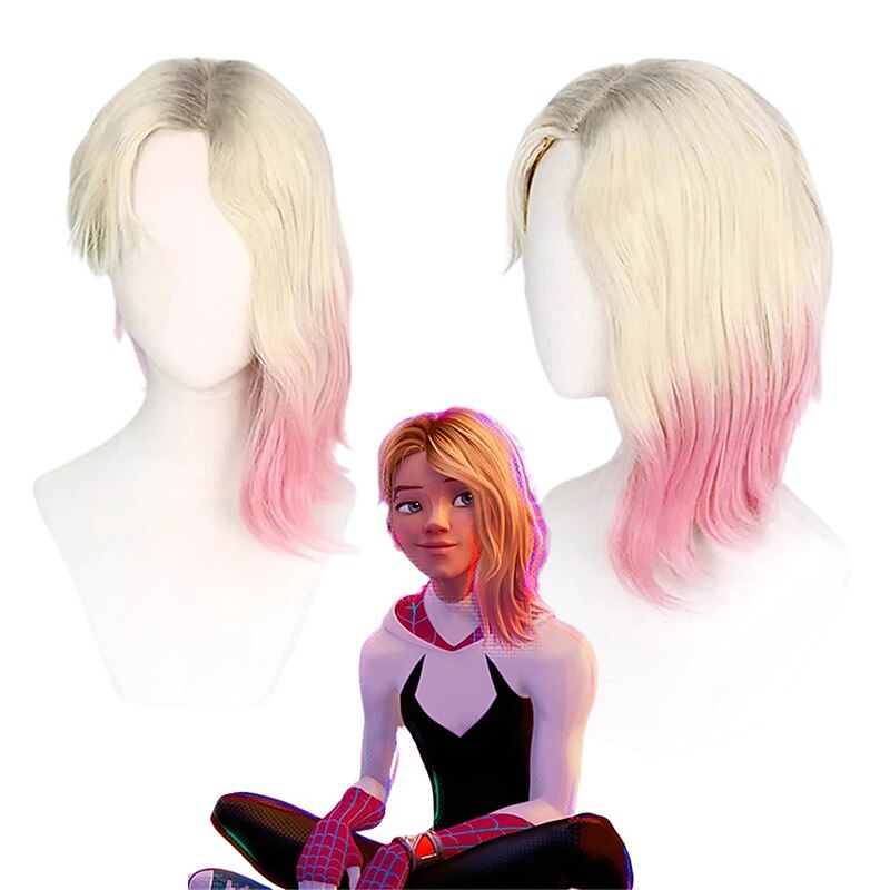 Synthetic Wig Gwen Stacy Straight Asymmetrical Machine Made Wig Short A1 Synthetic Hair Women's Cosplay Soft Fashion Blonde Pink Mixed Color Halloween Wigs