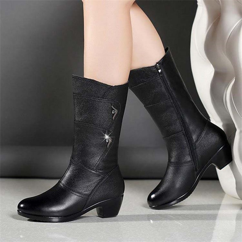 Women's Black Faux Leather Mid-Calf Boots with Side Zipper and Low Heels - Stylish and Comfortable for Everyday Wear3