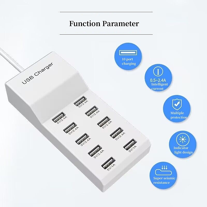 50W USB Charger Power Strip Wall Socket EU US Plug 5V 2.4A High Speed Power Cable 10-bit USB Port Support 10 Devices Charge3