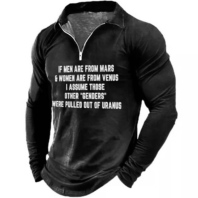 Men's Funny Graphic Long Sleeve Polo Tee | "Other Genders From Uranus" Pun Humor Shirt with Zipper Collar2