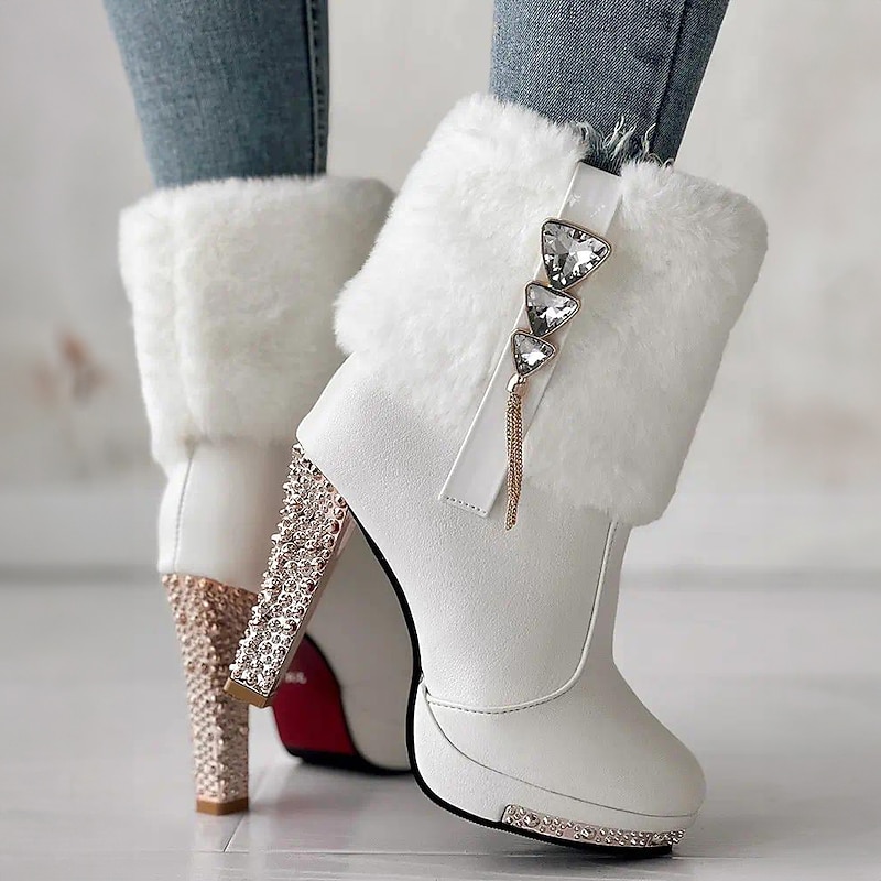 Women's White Ankle Boots with Faux Fur and Rhinestone Embellished Heels - Elegant High Heel Winter Footwear for Parties and Special Events2