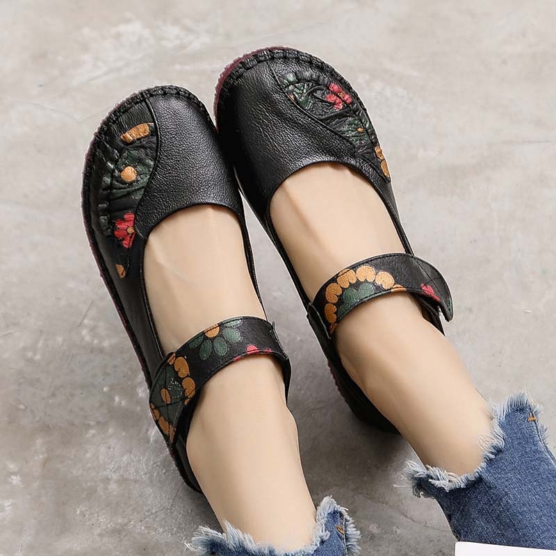 Women's Red Leather Barefoot Mary Jane Flats – Embroidered Floral Casual Comfort Shoes with Hook & Loop Straps4