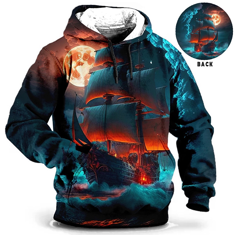 Men's Ship Graphic Prints Hoodie Hoodies Sweatshirt Daily Classic Long Sleeve Hooded Holiday Going out Streetwear Blue Brown Print Spring &  Fall Designer