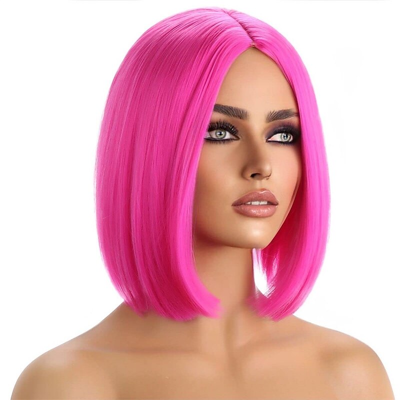 Hot Pink Bob Wig for Women Short Straight Synthetic Heat Resistant Cosplay Costume Party Wigs Middle Part Magenta Hair2