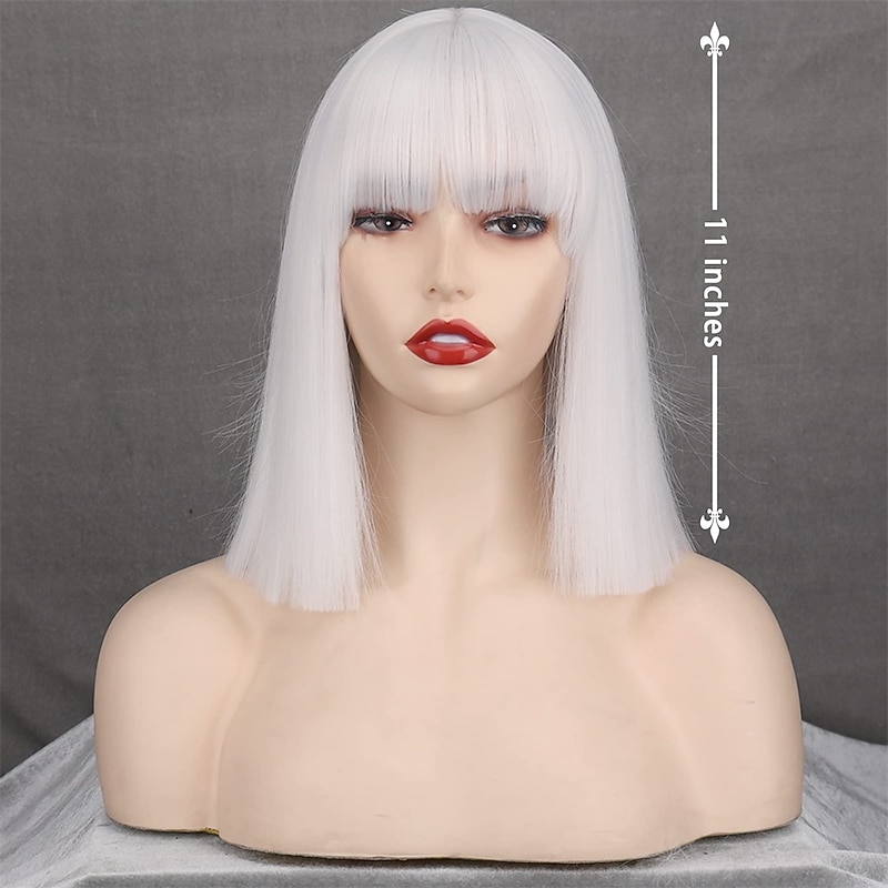 Short Bob White Wig with Bangs Silver White Short Wigs for Women Straight Bob White Cospaly Hair Wig for Daily Party Halloween2