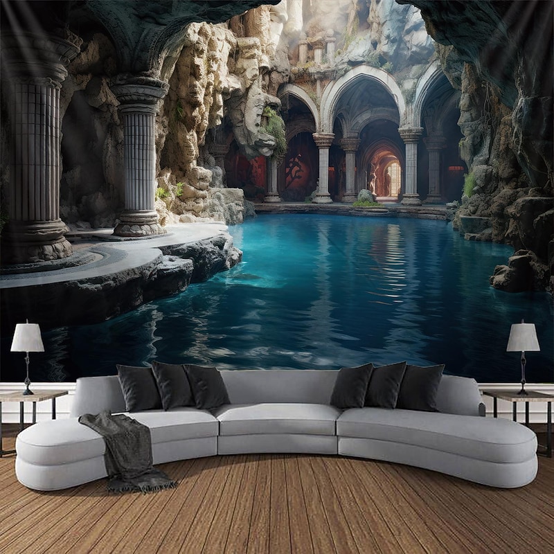 Landscape Cave River Hanging Tapestry Wall Art Large Tapestry Mural Decor Photograph Backdrop Blanket Curtain Home Bedroom Living Room Decoration2