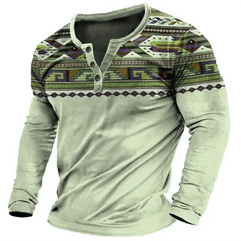 Men's Graphic Tribal Henley Shirt Long Sleeve 3D Print Fashion Designer Comfortable Outdoor Daily Spring &  Fall Blue Brown Green Gray Henley Henley T-Shirt3