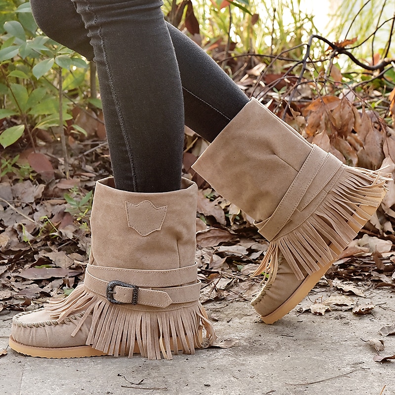 Women's Fringe Suede Moccasin Boots with Buckle Detail - Casual and Comfortable Western Style Ankle Boots