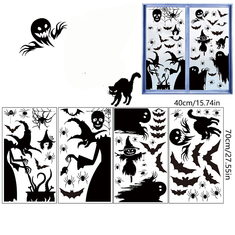 Halloween Window Sticker Set, 4 Sheets Double Sided Ghost Window Decals, Halloween Decoration Ghost Stickers for Windows Glass Walls and Party Supplies4