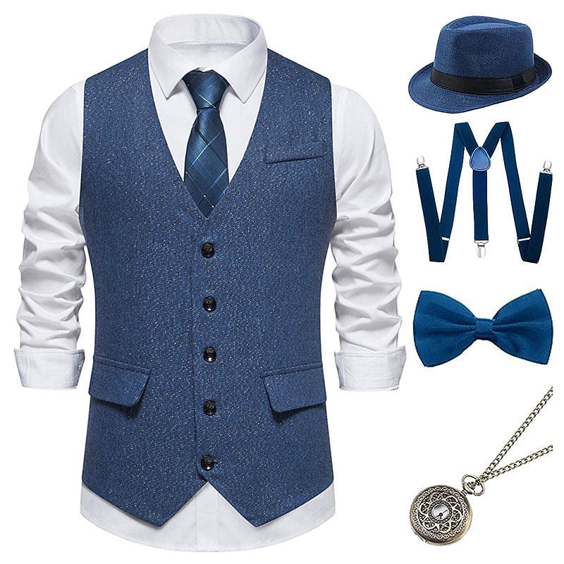 Retro Vintage Roaring 20s 1920s Outfits Waistcoat Panama Hat Normal Gentleman Gangster Fancy Dress Men's Christmas Halloween Carnival Prom Club Bachelorette Party Adults' Vest Bow Hat All Seasons2