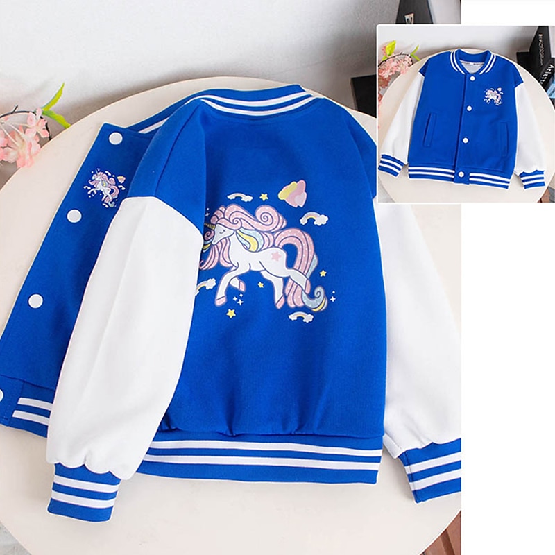 Kids Girls' Baseball Jacket Unicorn Active Buttons School Cotton Coat Outerwear 3-12 Years Fall Black Pink Blue4