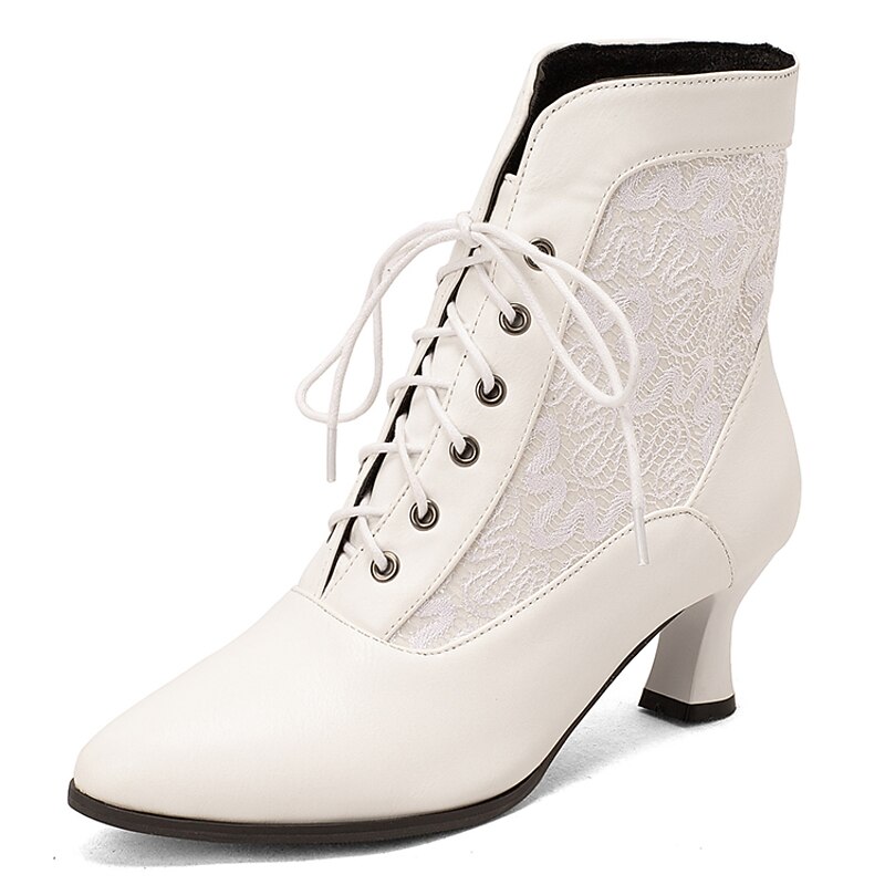 Women's White Lace-Up Ankle Boots with Embroidered Panels and Mid Heel - Elegant Victorian Style for Formal Occasions4