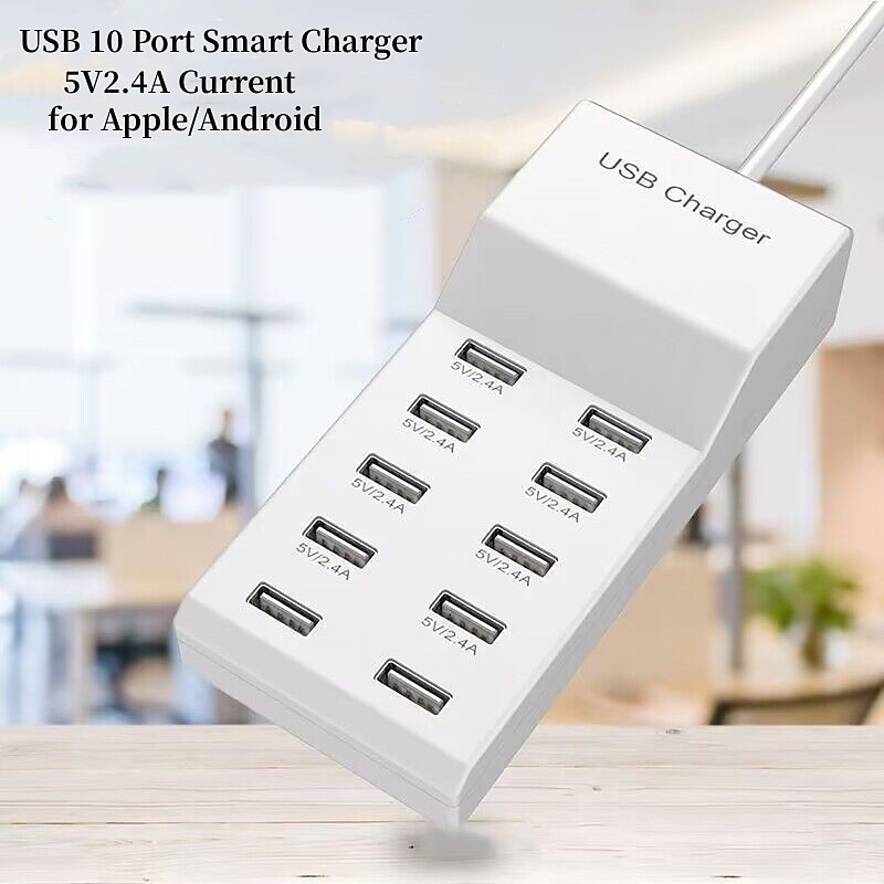 50W USB Charger Power Strip Wall Socket EU US Plug 5V 2.4A High Speed Power Cable 10-bit USB Port Support 10 Devices Charge