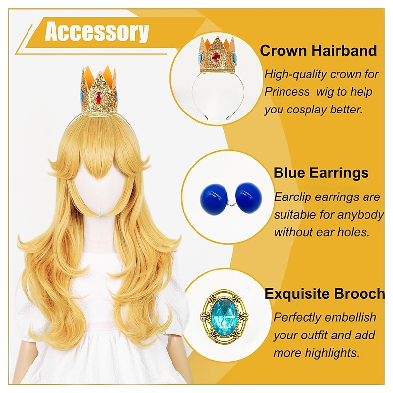 Golden Princess Wig with Earrings and Crown Blonde Long Wavy Peach Wig for Kids Cosplay Halloween Wigs3