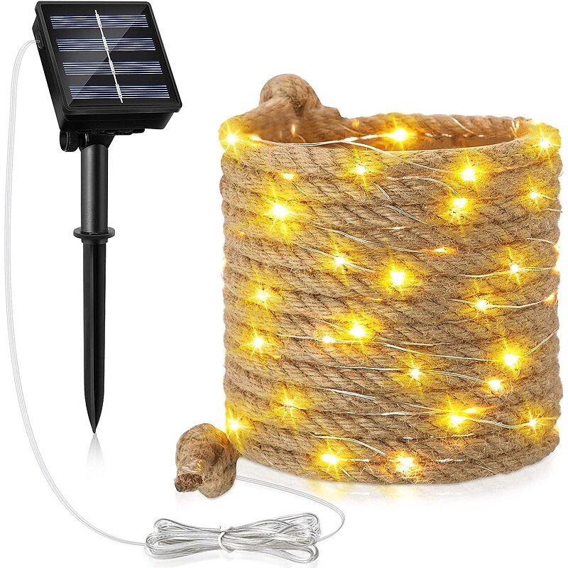 Solar Fairy Lights Rope Sisal Star Illuminated Lamp Garden Light Warm White 2M40LED/7M100LED/15M200LEDS Christmas Lighting for Decoration Outdoor Garden Patio Balcony2