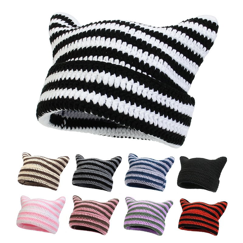 Retro Vintage Punk & Gothic Y2K Hat Striped Beanie Normal Cat Little Devil Horn Stripes Fancy Dress Men's Women's Halloween Carnival Masquerade Event / Party Festival Teen Adults' Hat Fall & Winter