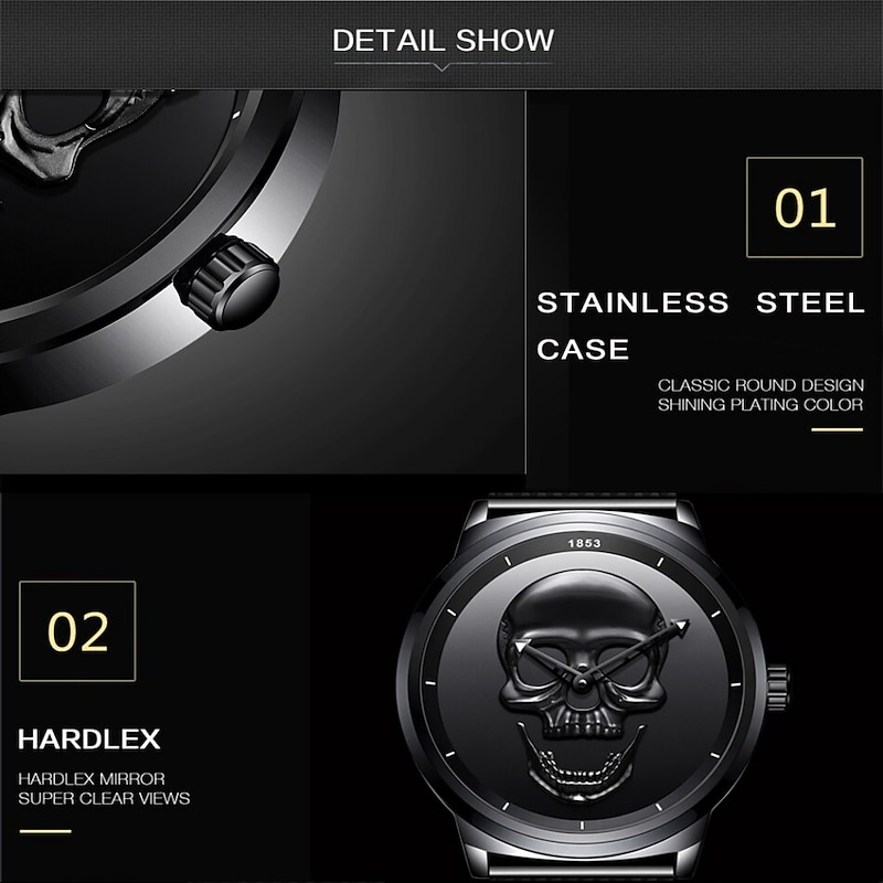 LIGE Mens Quartz Watch 3D Skull Waterproof Stainless Steel Sports Analog Quartz Watch Men Halloween Decoration Wrist Watch with Gift Box3