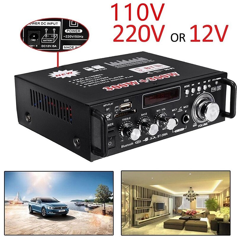 Big Promo!600W 12V/ 220V 2CH Remote Control HIFI Audio Stereo Power Amplifier Bluetooth FM Radio Car Home2