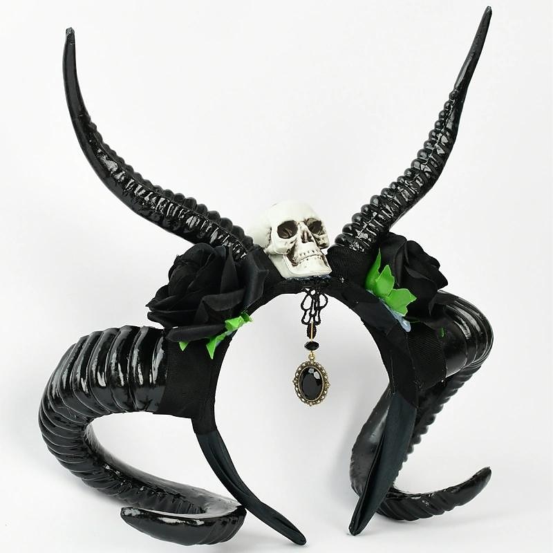 1pc Men's Halloween Simulation Horn Rose Headdress, Cosplay Accessories Devil Skull Headband Headwear3