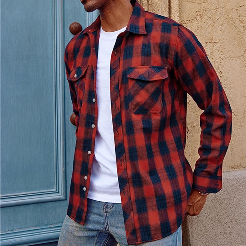 Men's Shirt Flannel Shirt Plaid Shirt Button Up Shirt Overshirt Plaid / Check Outdoor Daily Wear White Wine Red Navy Blue Long Sleeve Lapel Spring &  Fall Clothing Apparel Front Pocket3