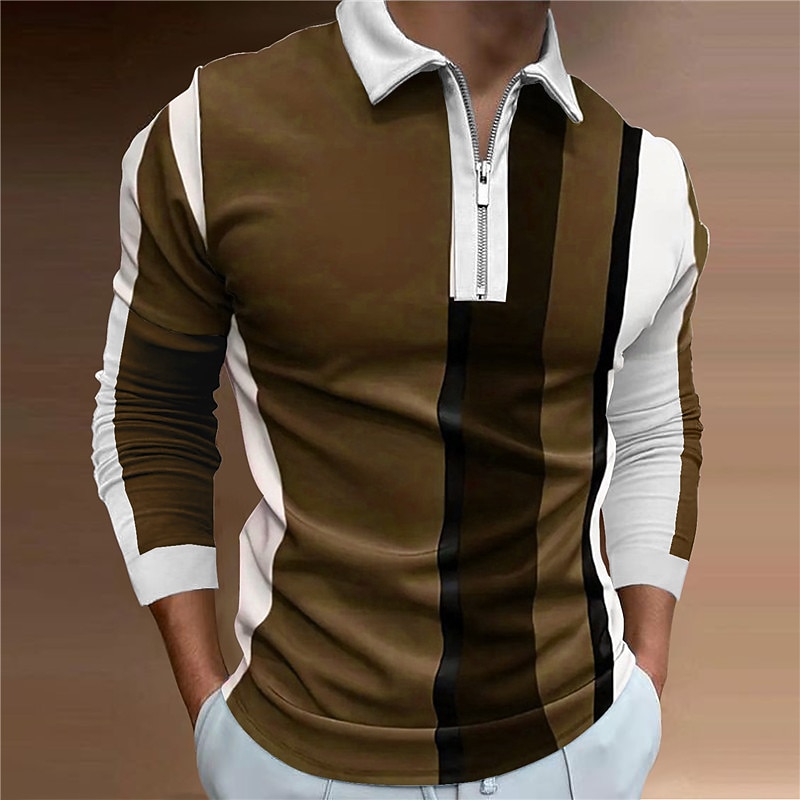 Men's Striped Zip Polo Shirts Golf Shirt Long Sleeve Polo Shirts Collared Shirts Business Casual WorkWear Formal Wear Festival Wear 3D Print Quarter Zip Polo Navy Blue Dark Green Brown4