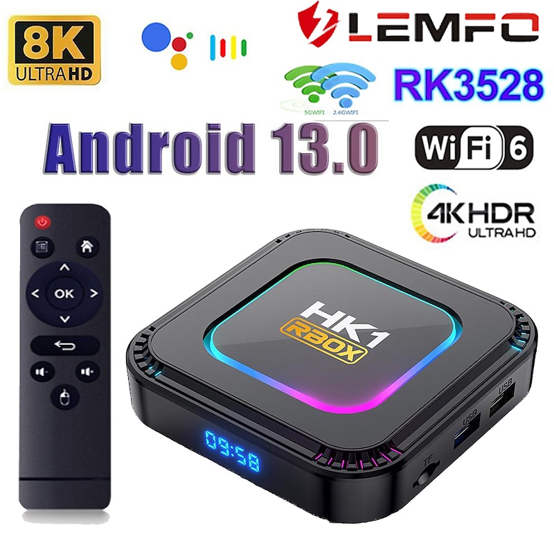 LEMFO Smart TV Box HK1 RBOX K8 Android 13 8K Android TV Box RGB Light 4GB 128GB RK3528 WiFi6 Dual Wifi 2023 PK Android 12 6K 2024 – GBP £41