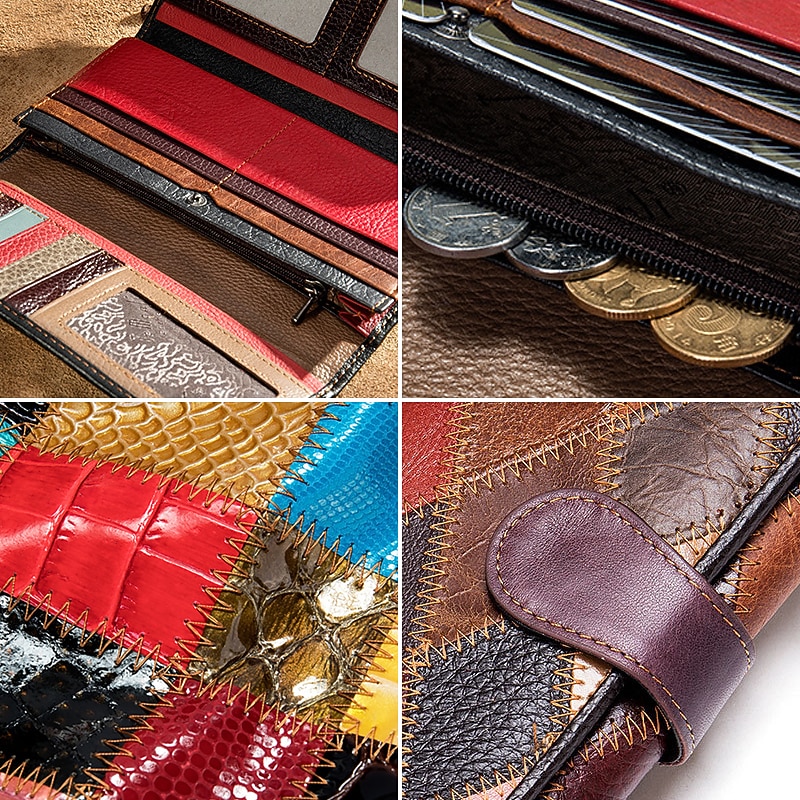 Women's Genuine Leather Patchwork Wallet, Large Capacity Multi-Card Holder, Vintage Long Clutch Purse with Zipper Pocket, Available in 4 Unique Styles2