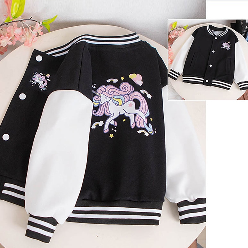Kids Girls' Baseball Jacket Unicorn Active Buttons School Cotton Coat Outerwear 3-12 Years Fall Black Pink Blue3