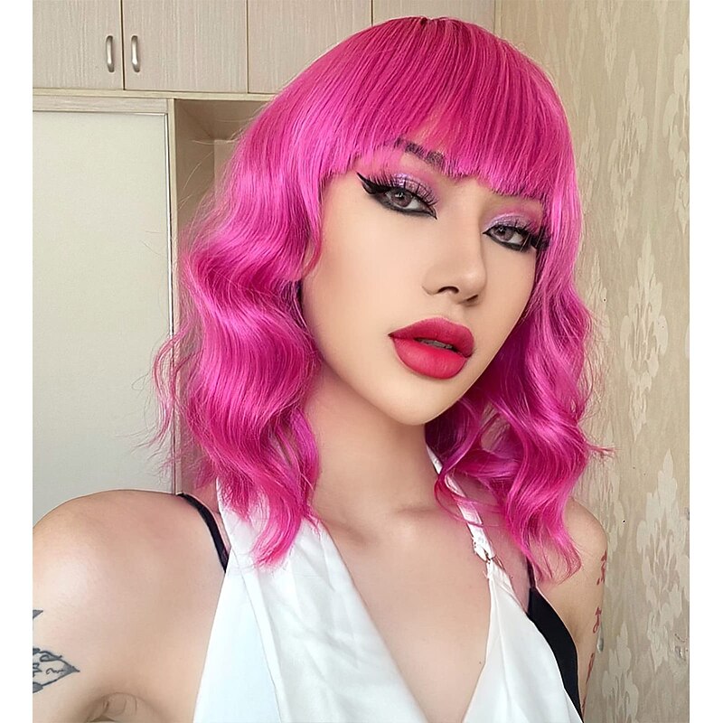 Hot Pink Wig with Bangs Short Bob Wavy Curly Wig Shoulder Length Hot Pink Wigs for Women Synthetic Hair Colorful Wig for Halloween Costume Cosplay 14 Inch2
