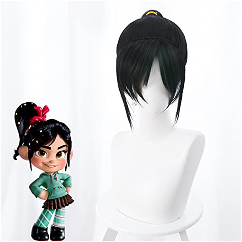 Apply to Wreck-it Ralph Vanellope Von Schweetz Cosplay Wig Vanellope Von Schweetz Black High Ponytail Anime Prop Wigs Halloween Wigs