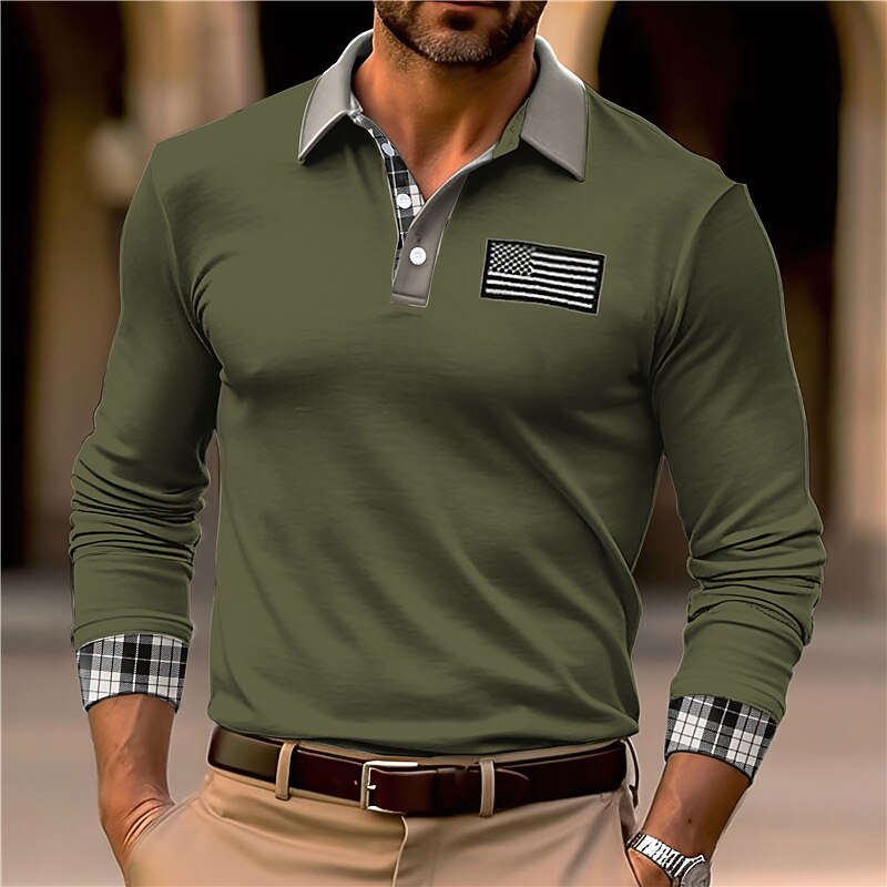 Men's Button Up Polos Polo Shirt Casual Sports Lapel Long Sleeve Fashion Basic Color Block National Flag Embroidered Button Spring &  Fall Regular Fit Black White Army Green Khaki Button Up Polos4