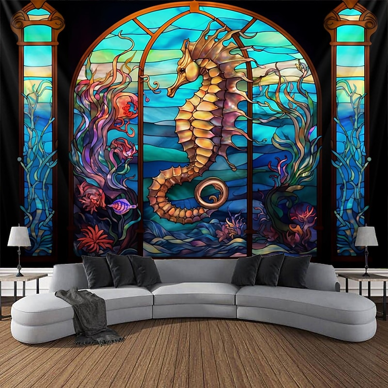 Sea Horse Hanging Tapestry Wall Art Large Tapestry Mural Decor Photograph Backdrop Blanket Curtain Home Bedroom Living Room Decoration Stained Glass4