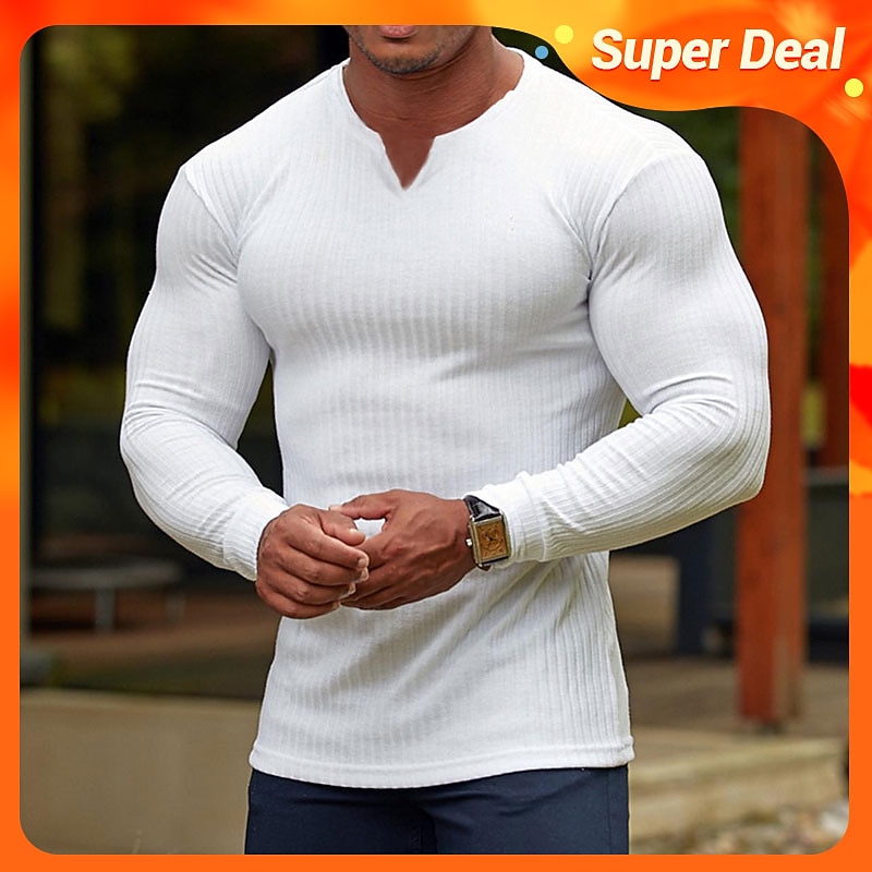 Men's T Shirt Muscle Shirt Ribbed Knit tee Long Sleeve Shirt Long Sleeve V Neck Spring &  Fall Plain Fashion Designer Casual Street Sports Holiday Black White Pink Top Tee for Men3