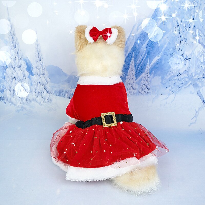Christmas pet dog dress Holiday dress bow Red Christmas canary gauze dress