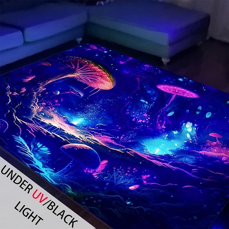 Mushroom Landscape Blacklight Rug Carpet Floor Mat UV Reactive Glow in the Dark Rug Large Non-Slip Rug Mat Carpet for Room Decor
