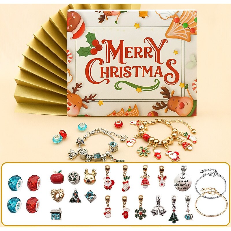 Christmas Advent Calendar Pink Bracelets 2025 for Girls 24 Days Xmas Countdown Calendar DIY Jewelry Making Kit Gift 22 Charm Beads 2 Bracelets for Kids Teens Women4