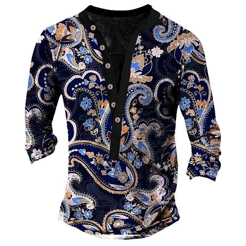 Men's Graphic Prints Floral Print Henley Shirt Graphic Tee Vintage Shirt Long Sleeve 3D Printing Fashion Basic Casual Outdoor Vacation Daily Spring &  Fall Red Navy Blue Blue Green Henley Henley2