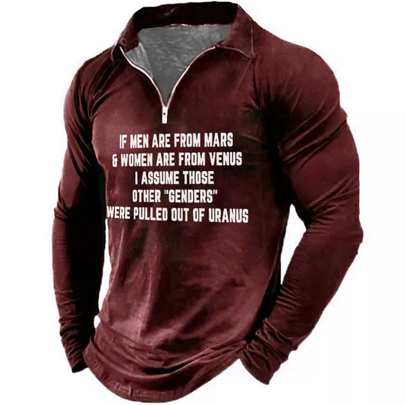 Men's Funny Graphic Long Sleeve Polo Tee | "Other Genders From Uranus" Pun Humor Shirt with Zipper Collar3