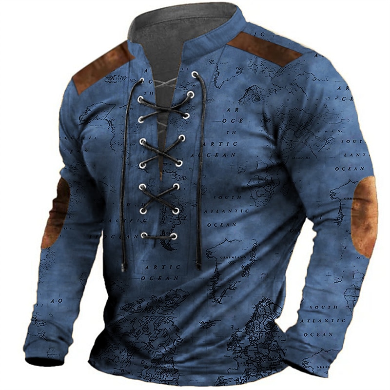 Men's World Map Graphic Prints Graphic Tee Vintage Shirt Long Sleeve T shirt Shirt Fashion Designer Casual Outdoor Vacation Daily Wear Black Brown Green Spring &  Fall Clothing Apparel S M L XL 2XL2