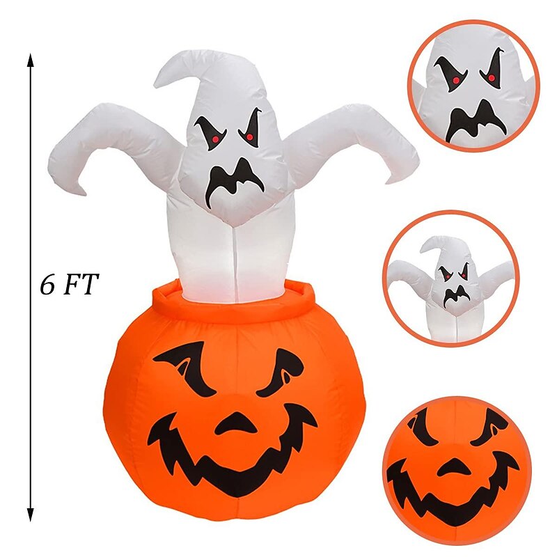 6 Ft Halloween Inflatable Ghost Pumpkin with LED Light, for Outdoor Indoor Garden Yard Lawn Blow Up Halloween Decorations, Holiday Party Decor3