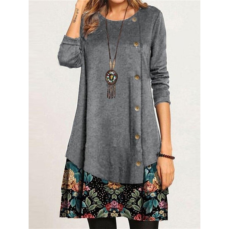 Women's Floral Button Print Crew Neck Mini Dress Daily Vacation Long Sleeve Spring Fall2