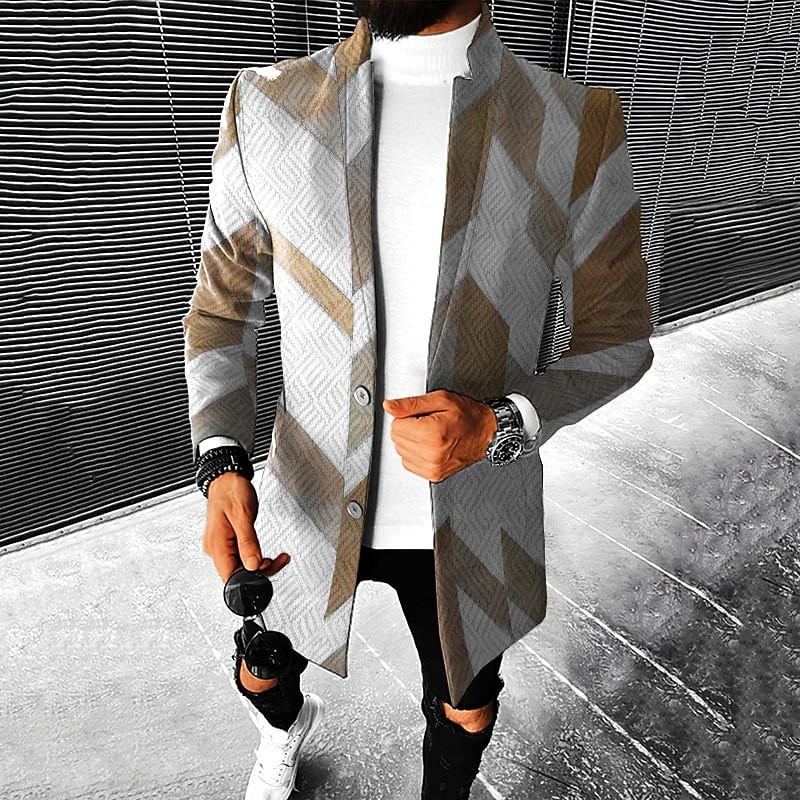 Men's Geometry Winter Coat Overcoat Coat Warm Comfortable Breathable Fashion Streetwear Business Work Wear to work Going out Pocket Print Fall & Winter Turndown Long Sleeve Brown khaki Gray