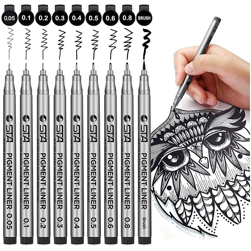 9pcs Black Micro-Pen Fineliner Ink Pens Waterproof For Drawing Artist Illustration