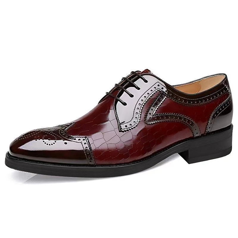 Men's Burgundy Patent Leather Oxford Shoes with Brogue Detailing and Crocodile Pattern - Elegant Lace-Up Dress Shoes for Formal Occasions4