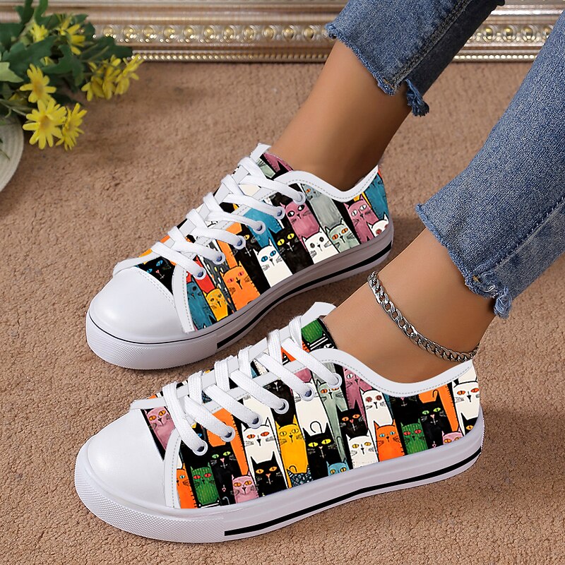 Women's Colorful Cat Print Canvas Sneakers – Cute Lace-Up Casual Shoes for Cat Lovers, Daily Wear & Walking4